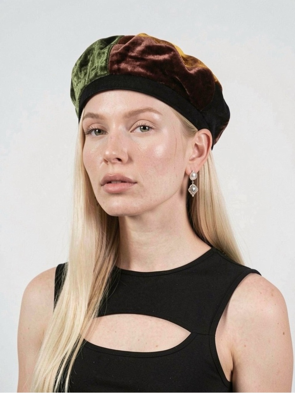 LE CHATEAU VELVET PATCHWORK BERET HAT WOMENS